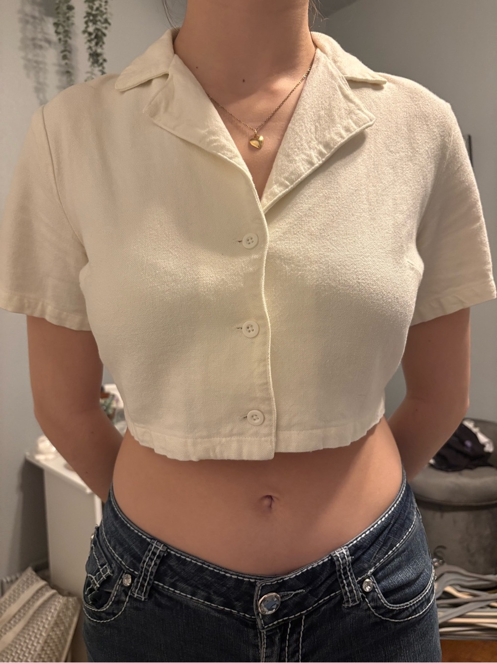 Brandy Melville Cream Short-Sleeve Cropped Button Top